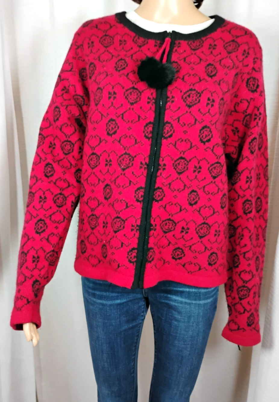 Vintage Wool Angora Knit Cardigan Jacket Red Nordic Apres Ski Womens Large